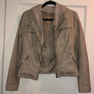 Tan Leather Jacket with Removable Hoodie